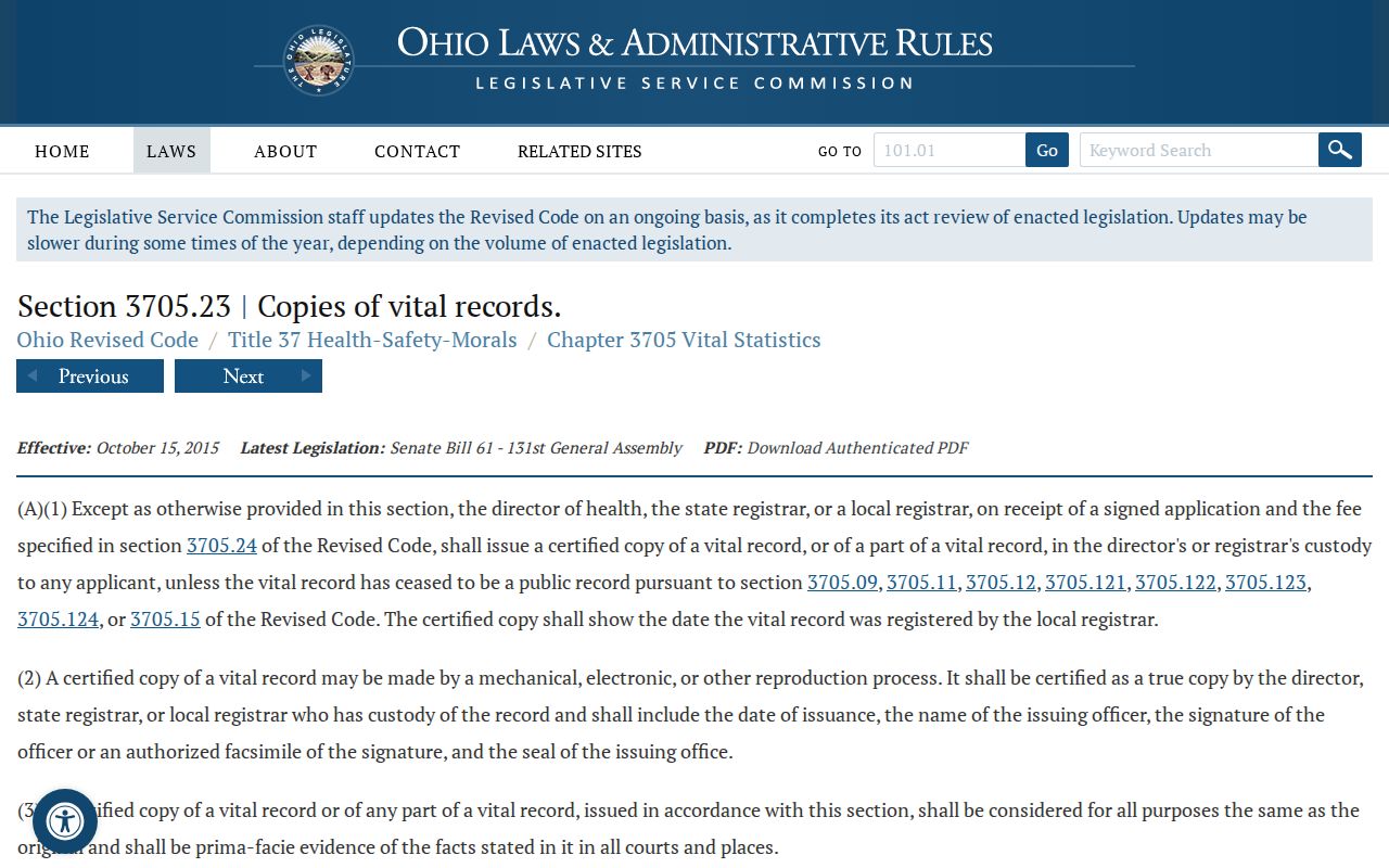 Fairborn previous residents Ohio vital record copy law