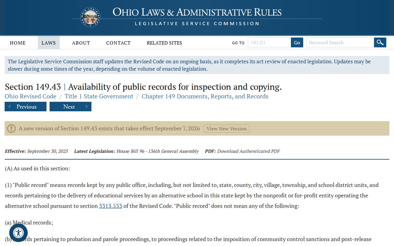 Fairborn ZIP code directory reference to the Ohio Public Records Act